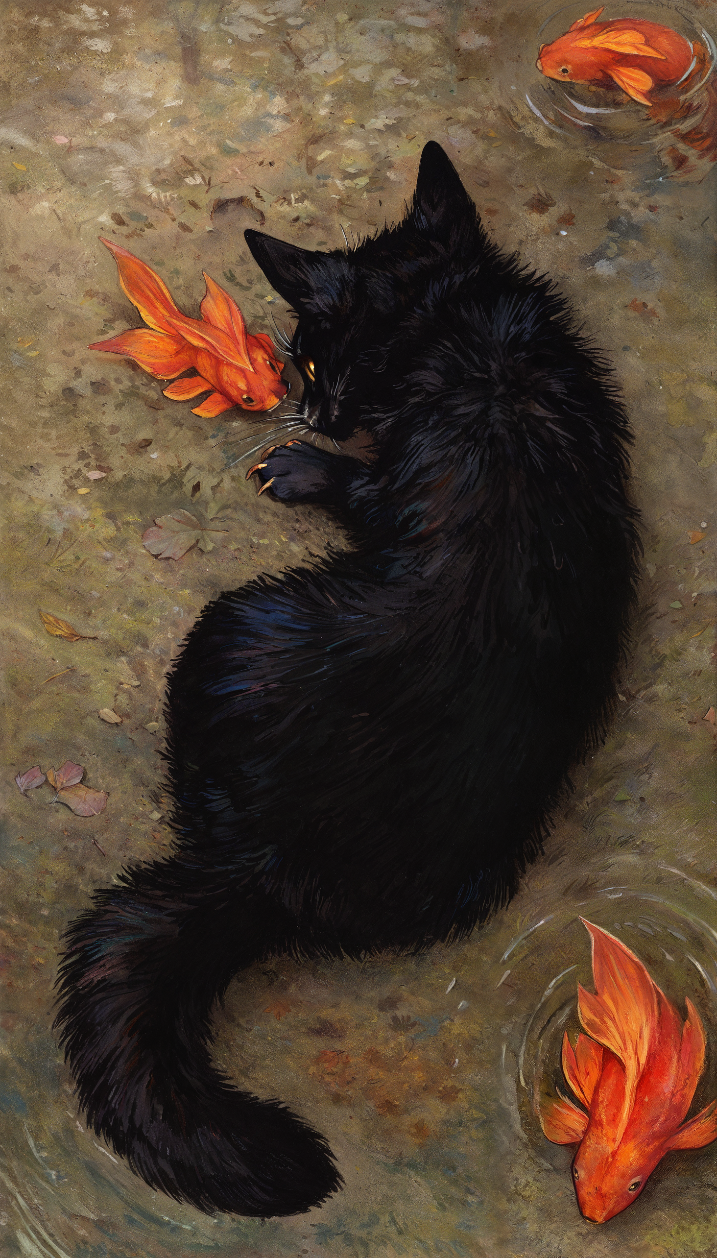 best quality, masterpiece, newest, absurd res, hi res, very awa, black cat, blotch, (dark natasha:0.7), feral, kitten, young, cute, no sclera, realistic fur, scruffy, solo, lying on ground, reaching out, koi pond, water, simple background, high-angle view, bird's-eye view, animal focus, traditional media \(artwork\), (lineart:0.2), 