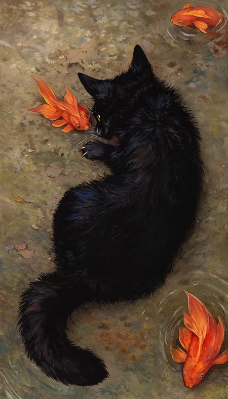 best quality, masterpiece, newest, absurd res, hi res, very awa, black cat, blotch, (dark natasha:0.7), feral, kitten, young, cute, no sclera, realistic fur, scruffy, solo, lying on ground, reaching out, koi pond, water, simple background, high-angle view, bird's-eye view, animal focus, traditional media \(artwork\), (lineart:0.2), 