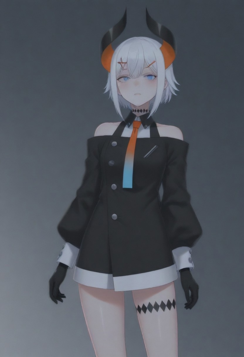 masterpiece, best quality, amazing quality,,, shiny skin,,,,,,,,nijilevi,,blue eyes,white hair,horn,pail skin,short hair,hairclip,nijilevicos,collared shirt,bare shoulder,gradient necktie,puffy long sleeves,white cuffs,black gloves,single thigh strap,