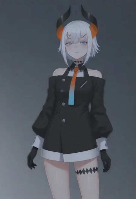 masterpiece, best quality, amazing quality,,, shiny skin,,,,,,,,nijilevi,,blue eyes,white hair,horn,pail skin,short hair,hairclip,nijilevicos,collared shirt,bare shoulder,gradient necktie,puffy long sleeves,white cuffs,black gloves,single thigh strap,