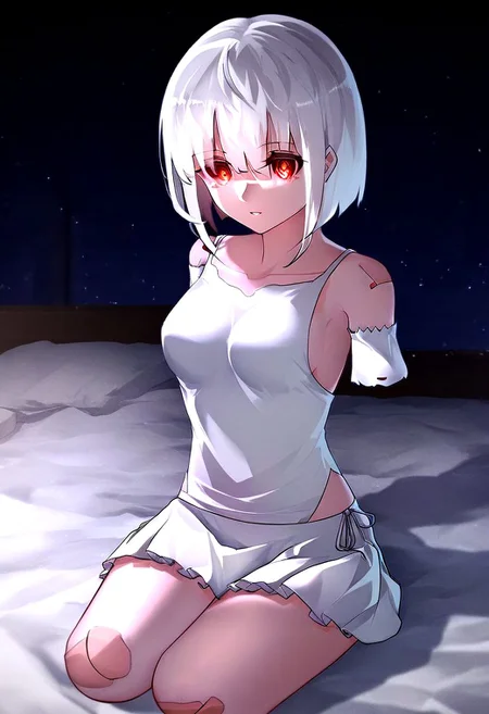brunette girl amputee with white hair, red eyes in anime style, both arms amputated, amputed rigth and left hand, amputed left arm, amputed rigth arm,amputed left leg, armlees amputee,having a rigth lwg, wearing white nigth skirt, seated on a bed.