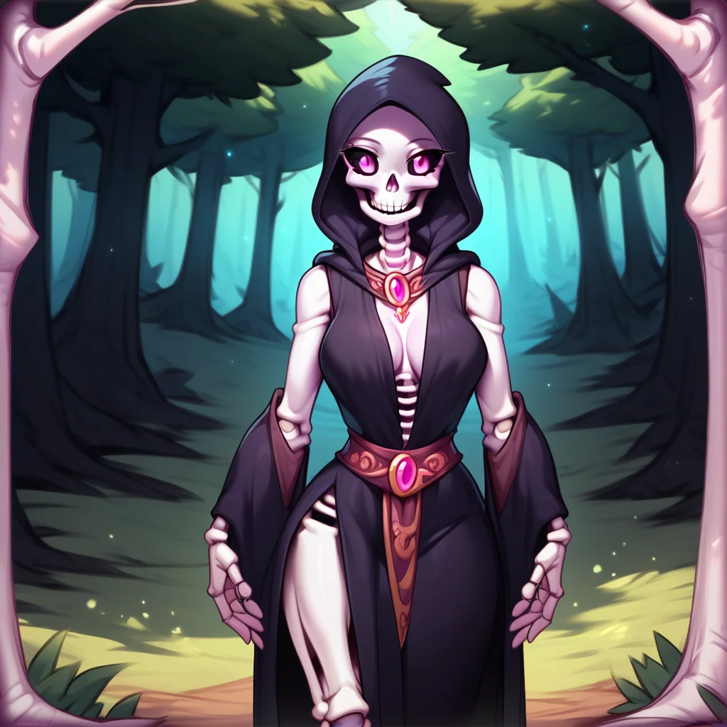 Skylar(character), skeleton, female, breasts, pink eyes, black sclera, monster girl, joints, hood, sleeveless, sexy black Wizard robe, solo, outside, in the forest,