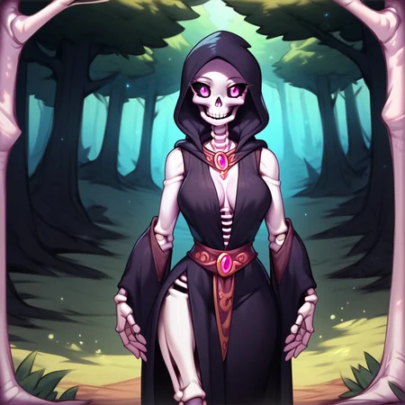 Skylar(character), skeleton, female, breasts, pink eyes, black sclera, monster girl, joints, hood, sleeveless, sexy black Wizard robe, solo, outside, in the forest,