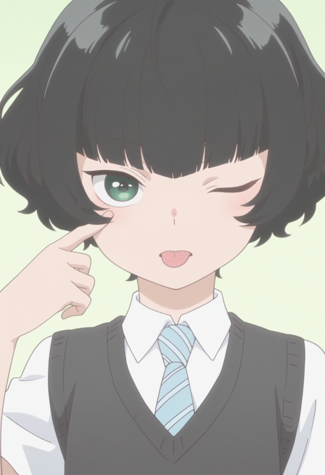 anime screencap, anime coloring,   <lora:DX888Hitoha:1> hongou hitoha, green eyes, black hair,short hair, blunt bangs, BREAK school uniform, white shirt, striped necktie, sweater vest, skirt, socks,  BREAK simple background,  green background, BREAK  1girl, akanbe, eyelid pull,  hand up, looking at viewer, one eye closed, portrait,  solo, tongue out, upper body,