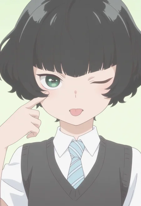 anime screencap, anime coloring, <lora:DX888Hitoha:1> hongou hitoha, green eyes, black hair,short hair, blunt bangs, BREAK school uniform, white shirt, striped necktie, sweater vest, skirt, socks, BREAK simple background, green background, BREAK 1girl, akanbe, eyelid pull, hand up, looking at viewer, one eye closed, portrait, solo, tongue out, upper body,
