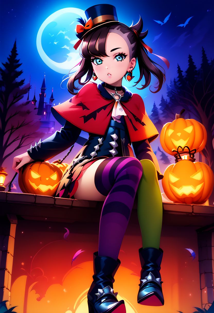 score_9, score_8_up, score_8, (curvy, wide hips,), cute, eyelashes,     
zzLoveLive,
BREAK,
zzMarnie, aqua eyes, black choker, red ribbon,
BREAK,
(sitting), floating, goth, 
 ascot, asymmetrical legwear, back bow, bare tree,  black footwear, black thighhighs, boots, bow, capelet, castle, crescent moon, crow, earrings, feathers, halloween, hat, heart, heart tattoo, holding, holding lantern, jack-o'-lantern, jewelry, knee boots, lantern, long sleeves, looking at viewer, love live! sunshine!!, mini hat, mini top hat, mismatched legwear, moon, night, one side up, parted lips,  striped clothes, striped thighhighs, thighhighs, top hat, tree, zettai ryouiki,
zPDXL,