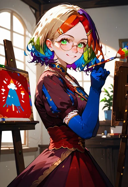 score_9, score_8_up, score_7_up, score_6_up, source_anime, 1girl, solo, leodv, short intricate hair, parted bangs, perfect eyes, glasses, brown dress, short puffy sleeves, red skirt, blue gloves, elbow gloves, blue thighhighs, big breasts, easel, smile, indoors, from side, holding paintbrush, painting a self-portrait, zPDXL3, wadufuk1, vivid colors, striking visuals, Mycelia, (rainbow colored hair:1.2), candy hairclip, round glasses, green eyes, freckles, petite
