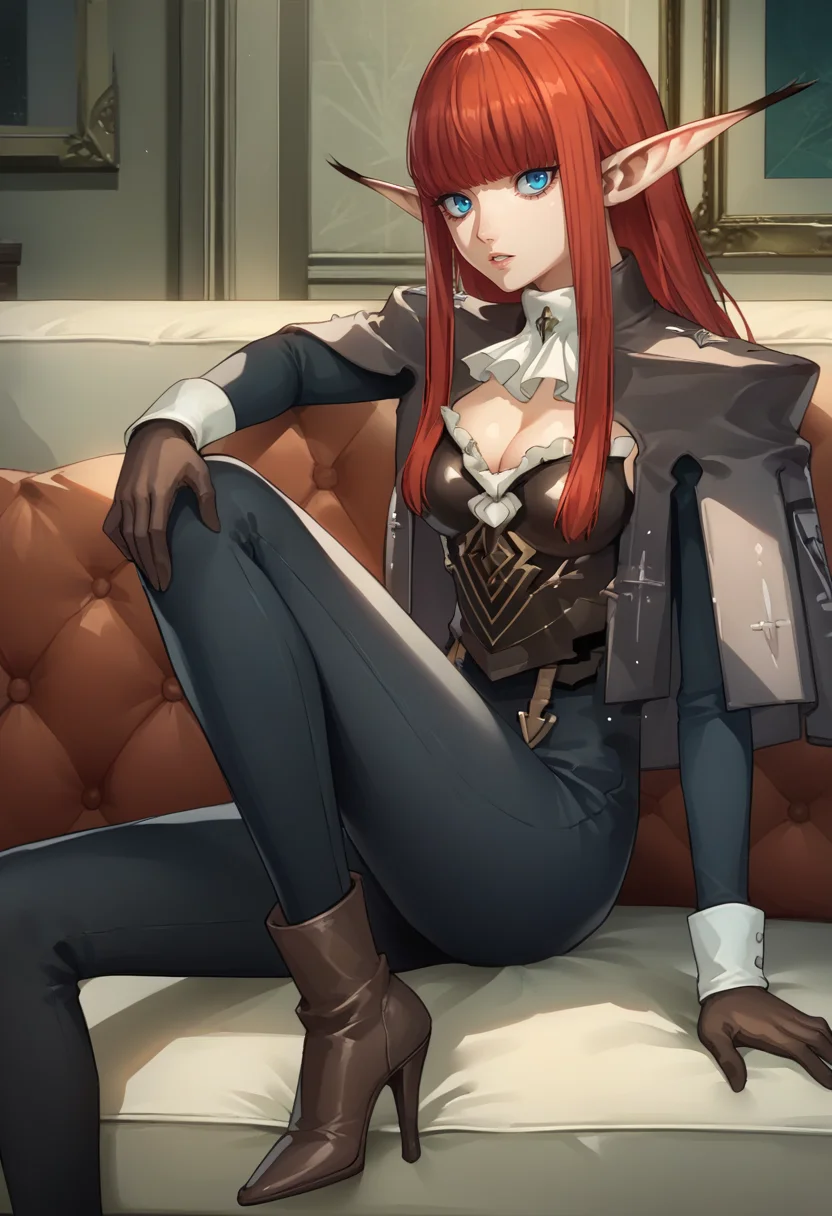 score_9, score_8_up, score_7_up, source_anime, 1girl, solo, from side, reclining, knee up, hand on knee, looking at you, parted lips, legs, BREAK <lora:HulkenbergMR-pdxl:1> hbrgMR, long hair, sidelocks, blunt bangs, pointy ears, capelet, black jacket, ascot, breastplate, medium breasts, cleavage, long sleeves, gloves, black pants, brown high heel boots, indoors, couch