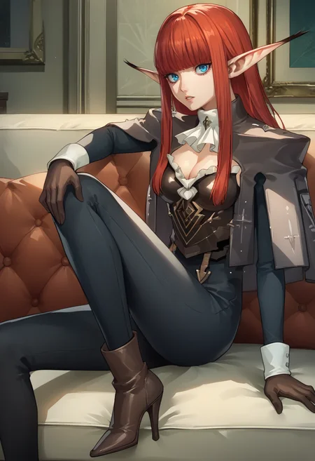 score_9, score_8_up, score_7_up, source_anime, 1girl, solo, from side, reclining, knee up, hand on knee, looking at you, parted lips, legs, BREAK <lora:HulkenbergMR-pdxl:1>  hbrgMR, long hair, sidelocks, blunt bangs, pointy ears, capelet, black jacket, ascot, breastplate, medium breasts, cleavage, long sleeves, gloves, black pants, brown high heel boots, indoors, couch