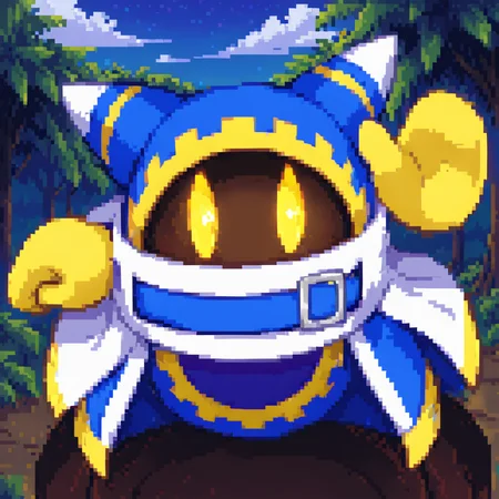 Magolor, solo, yellow eyes, no humans, blue outfit, belt, cape, glowing eyes, gloves, buckle <lora:Magolor:.8> <lora:pixelbuildings128-v2:1> pixel,  outdoors