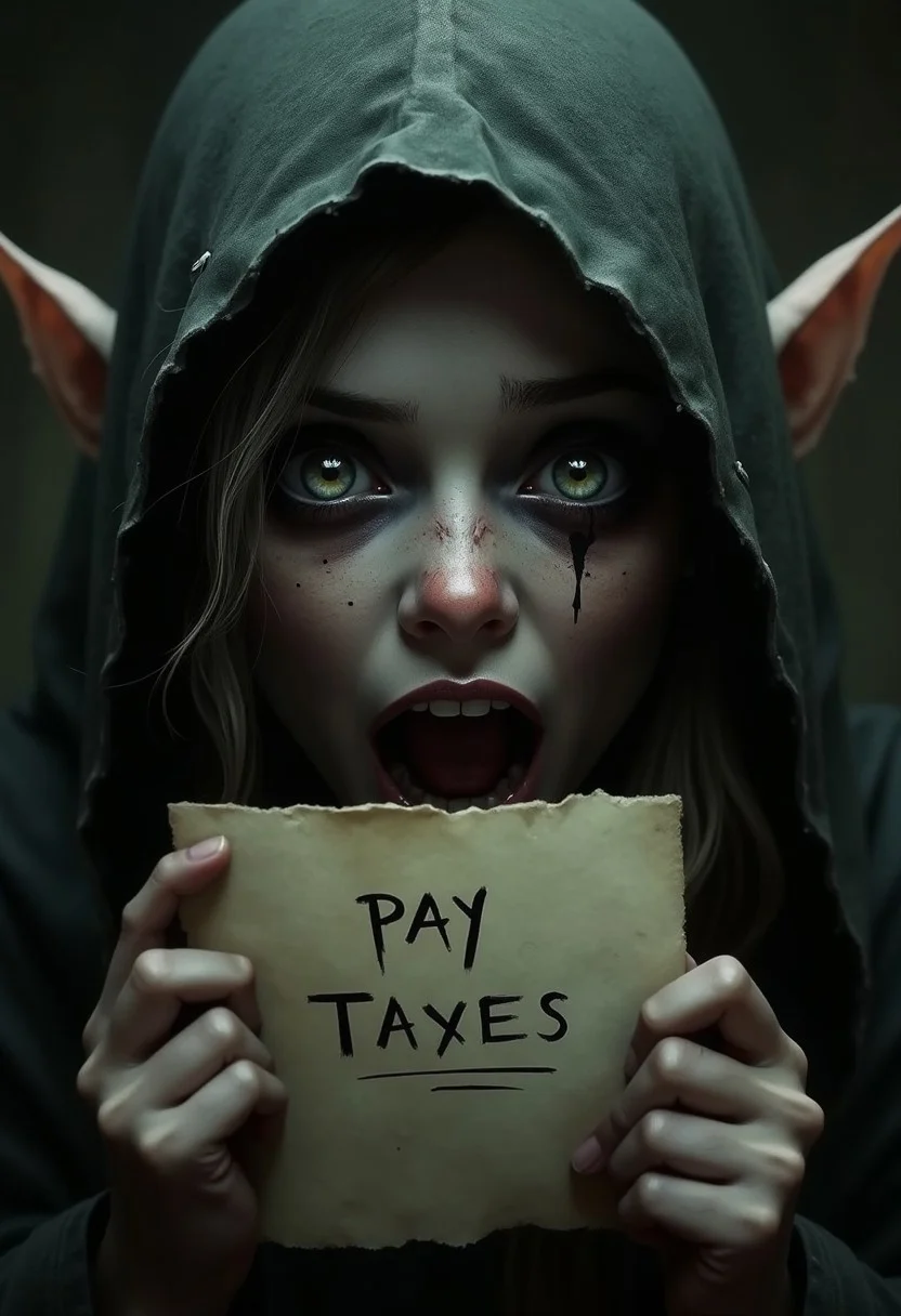 ( Horror-themed ) (elf,-girl shocked hide open mouth) , wide open eyes, macro photography, high detail, ((Hold bill-paper with text say: "pay taxes":1.1)), dark, spooky, suspenseful, highly detailed score_9, score_8_up, hight quality, good quality, rendered details. Hight resolution, good quality face.