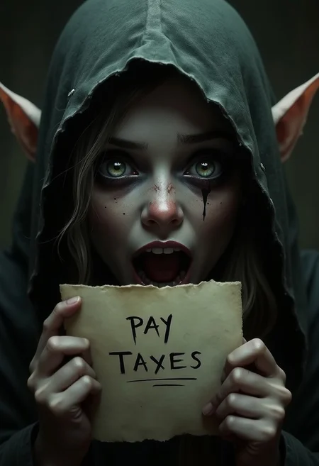 ( Horror-themed ) (elf,-girl shocked hide open mouth) , wide open eyes, macro photography, high detail,  ((Hold bill-paper with text say:  "pay taxes":1.1)), dark, spooky, suspenseful, highly detailed  score_9, score_8_up, hight quality, good quality, rendered details. Hight resolution, good quality face.