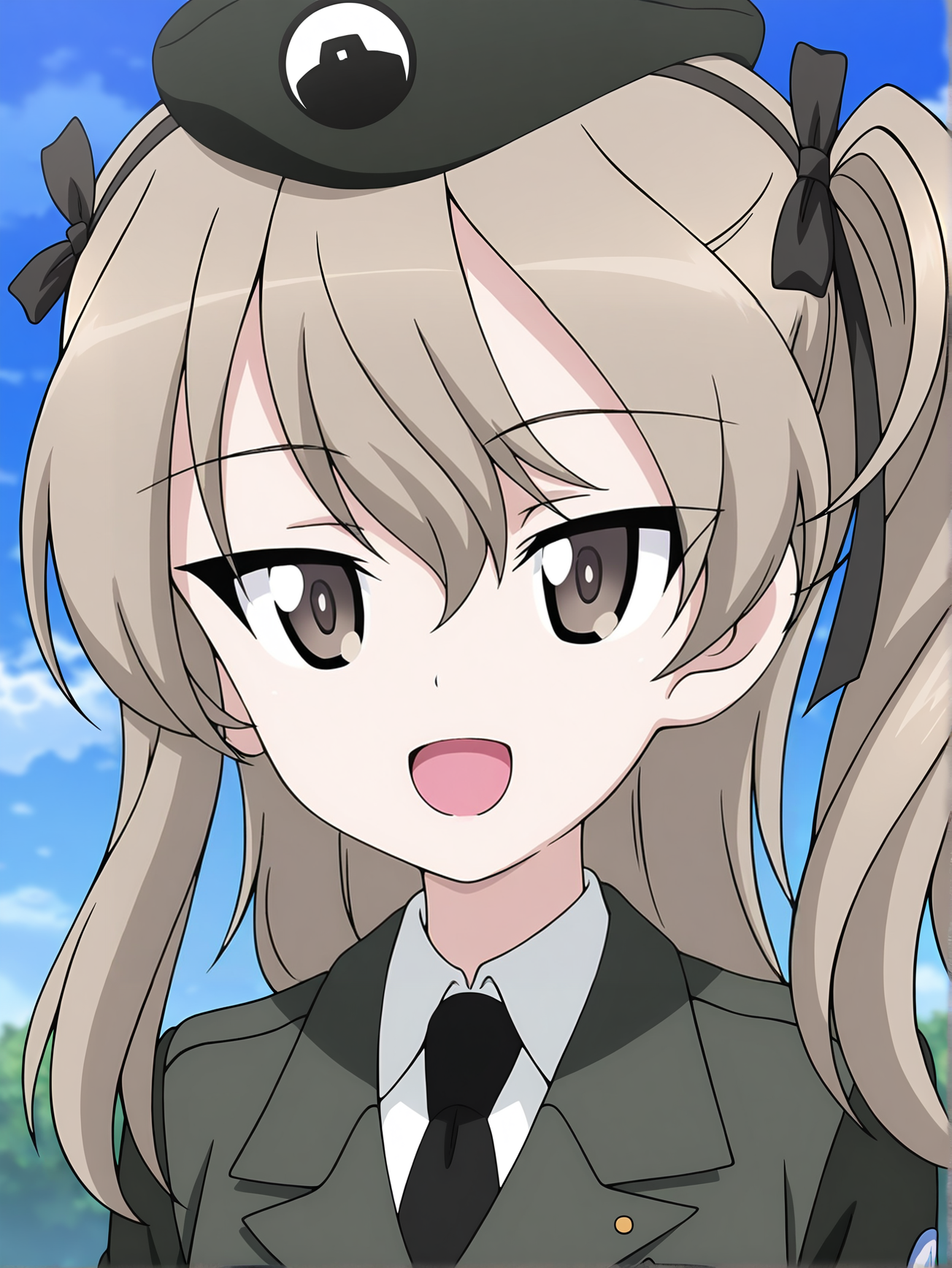 masterpiece,best quality,amazing quality, <lora:Shimada_Alice_Character:0.8>shimada_arisu, 1girl, solo, bangs, brown_eyes, eyebrows_visible_through_hair, light_brown_hair, long_hair, one_side_up, beret, black_headwear, black_ribbon, emblem_on_hat, military_uniform, white_shirt, black_necktie, emblem_on_uniform, upper body, opened mouth, very happy, upper body, blue sky