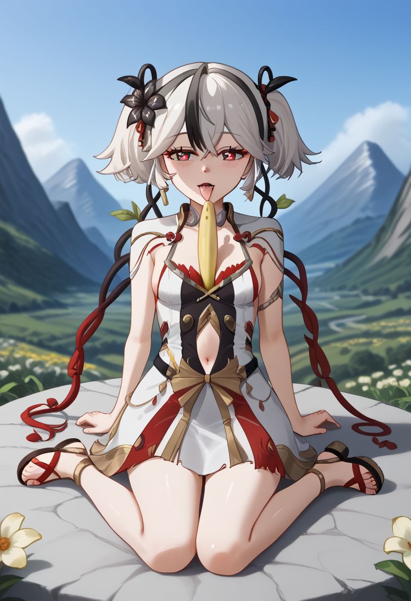 1girl, solo, blush, black hair, hair ornament, dress, navel, short twintails, jewelry, flower, white hair, multicolored hair, small breasts, slate eyes, red pupils, diamond-shaped pupils, Camellya, tacet mark \(wuthering waves\), sitting, seiza, pov, banana between breasts, facing viewer, looking at viewer, licking banana, peeled banana, meadow, mountains, sandals