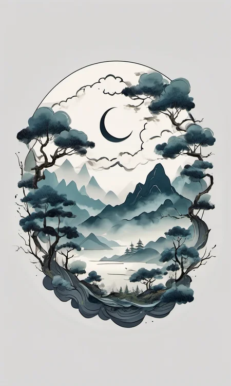 A circle with a forest inside, a crescent moon, clouds below the circle, and lightning around it.,chinese meticulous ink,illustration,white background ,centered,completed<lora:newchinese-1122-1:1>
