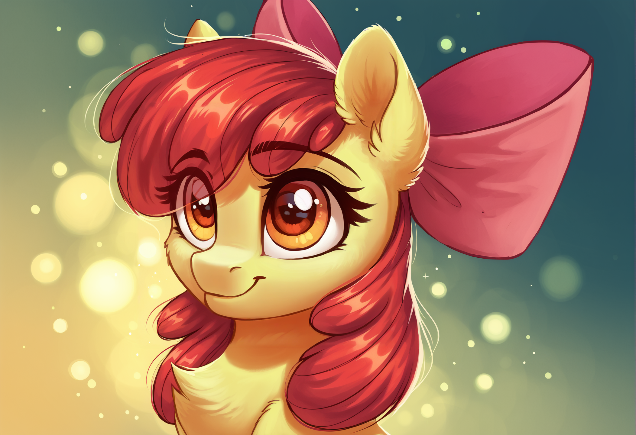 score_9, score_8_up, score_7_up, score_6_up, score_5_up, score_4_up, rating_safe, apple bloom, earth pony, female, pony, solo, bow, bust, chest fluff, cute, filly, hair bow, high res, portrait, eye clipping through hair, abstract background, smiling, adorabloom, g4, detailed, beautiful, <lora:Wholesome-MLP-v1.4b:1>