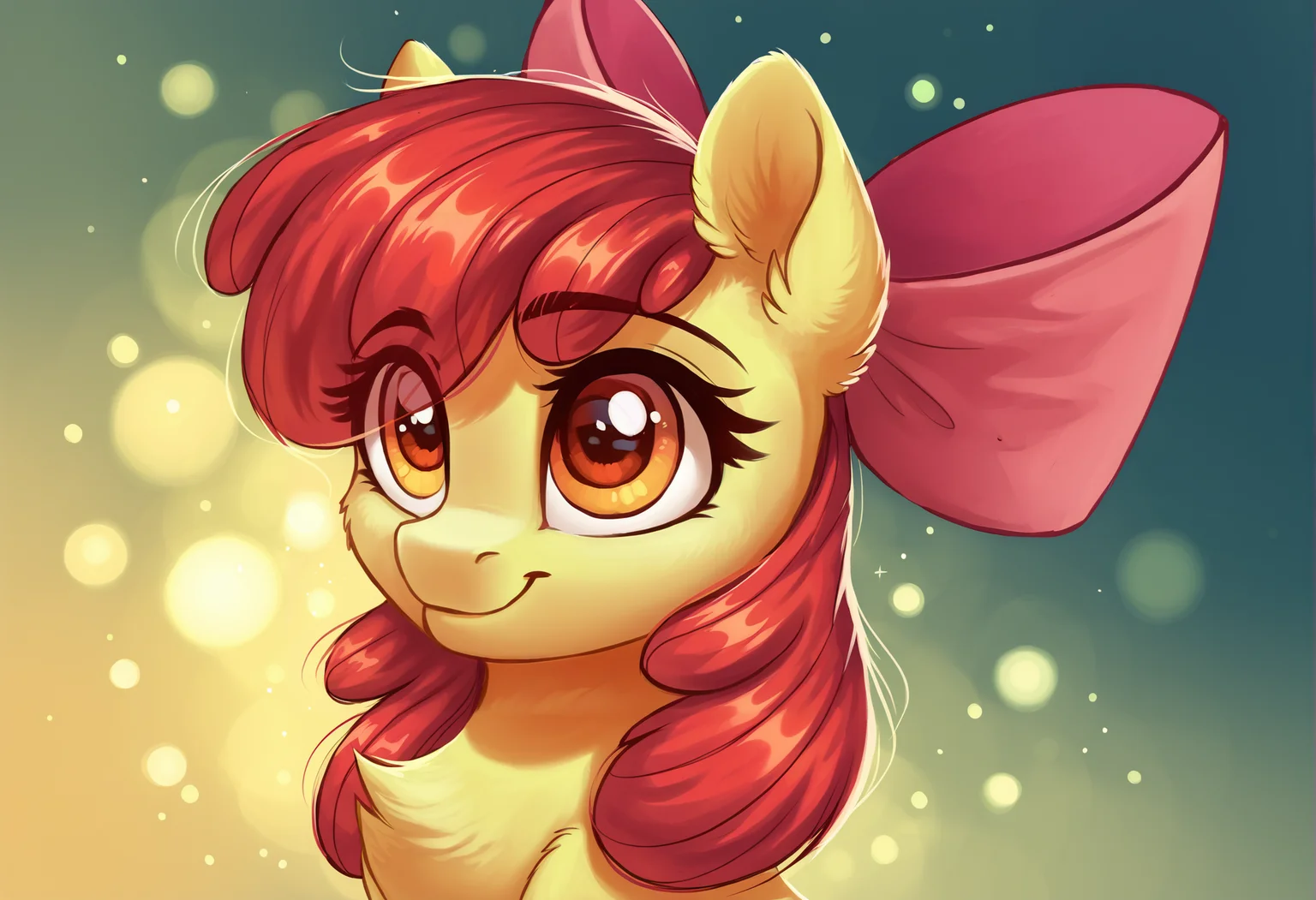 score_9, score_8_up, score_7_up, score_6_up, score_5_up, score_4_up, rating_safe, apple bloom, earth pony, female, pony, solo, bow, bust, chest fluff, cute, filly, hair bow, high res, portrait, eye clipping through hair, abstract background, smiling, adorabloom, g4, detailed, beautiful, <lora:Wholesome-MLP-v1.4b:1>