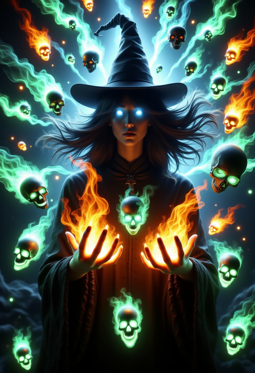 aidmafluxpro1.1, aidmaHyperrealism, aidmaimageupgrader, skelewitch, a witch, casting spell, with hands engulfed in fiery blaze, radiant glowing eyes, surrounded by swirling vortex of green and blue flame-formed skulls and skeletons, amidst ethereal aura, pulsing energy flow, and turbulent wind whispers,