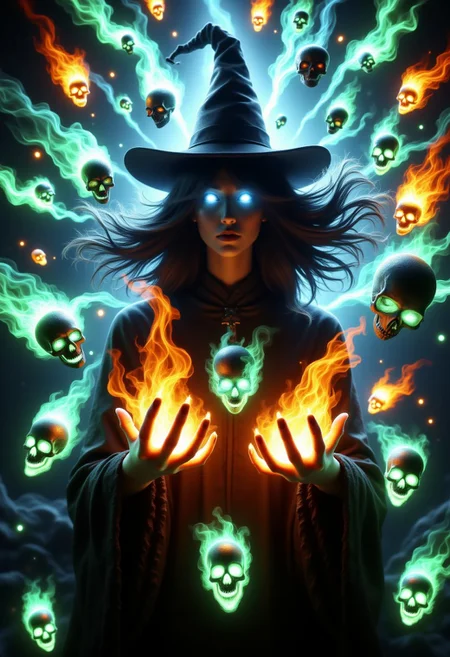 aidmafluxpro1.1, aidmaHyperrealism, aidmaimageupgrader, skelewitch, a witch, casting spell, with hands engulfed in fiery blaze, radiant glowing eyes, surrounded by swirling vortex of green and blue flame-formed skulls and skeletons, amidst ethereal aura, pulsing energy flow, and turbulent wind whispers,