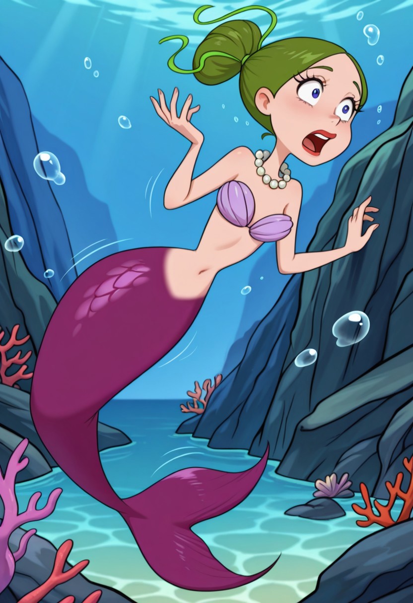 detailed background, solo, 1girl, FtpdMermaid, mermaid, red lipstick, hair in a bun, green hair tie, pearl necklace, purple shell bra, purple mermaid tail, (((expressive))), head movement, tail shown, solo, ((body movement, hand movement)), underwater, sea life, coral, detailed sea scenery, bubbles, detailed scenery, masterpiece, best quality, amazing quality, absurdres, newest, high res, ultra detailed, best quality, best artwork, detailed eyes, (eyes focus), perfect eyes, big iris, pupils visible, 4k, ultra quality, perfect face