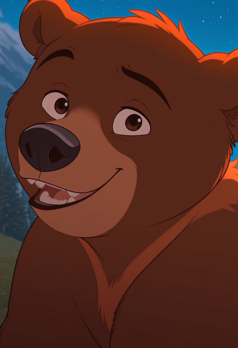 masterpiece, best quality, amazing quality, koda, solo, 1boy, bear, dark brown fur, orange neck fur, orange muzzle, bara, close-up, smile
