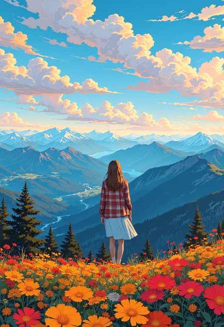 A woman standing admiring the panoramic view of a vast landscape below from a high point on a mountain, colorful flowers, vibrant glow