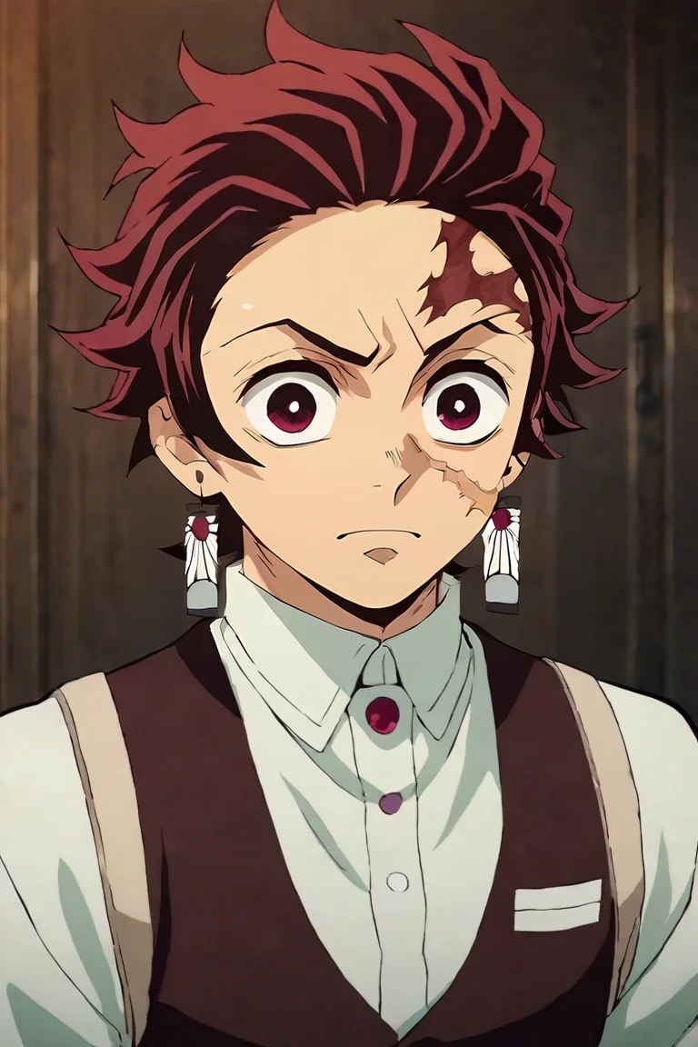 score_9, score_8_up, score_7_up, score_6_up, score_5_up, score_4_up, BREAK source_anime, anime screencap, anime coloring, official style, , , , 1boy, solo, male focus, <lora:tanjirou_kamado_pony:0.92>, tanjirou_kamado, red hair, red eyes, short hair, scar, scar on face, scar on forehead, , polo shirt, , steampunk, , <lora:sdxl_lightning_8step_lora:1>