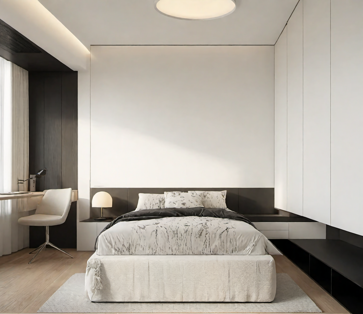 black and white minimalist,Log style,window,sunshine,best quality,masterpiece,high quality,real,realistic,super detailed,full detail,8K,carpet,bedroom,bed,bedside background,steps,blinds,desk,wooden floor,chair,desk lamp,ceiling lamp,cabinet,