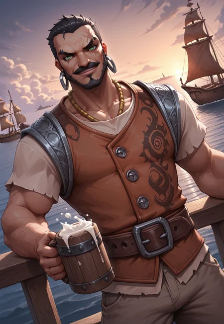 masterpiece, best quality, amazing quality, RafenLol, green eyes, hoop earrings, short hair, black hair, scar across left eye, necklace, muscular, facial hair, mustache, shirt, vest, belt, pants, detailed background, dynamic pose, upper body, harbor, pirate ship, sea, clouds, looking at viewer, smile, dutch angle, sunset, leaning on ship railing, cowboy shot, drinking from mug of ale, cheers,