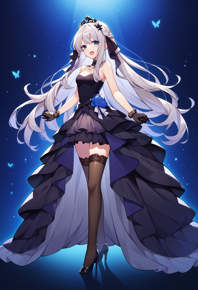 score_9, score_8, score_7, source_anime, wedding dress, thighhighs, very long hair, standing, grey hair, open mouth, blue eyes, high heels, black gloves, holding hand, black footwear, 1girl solo
