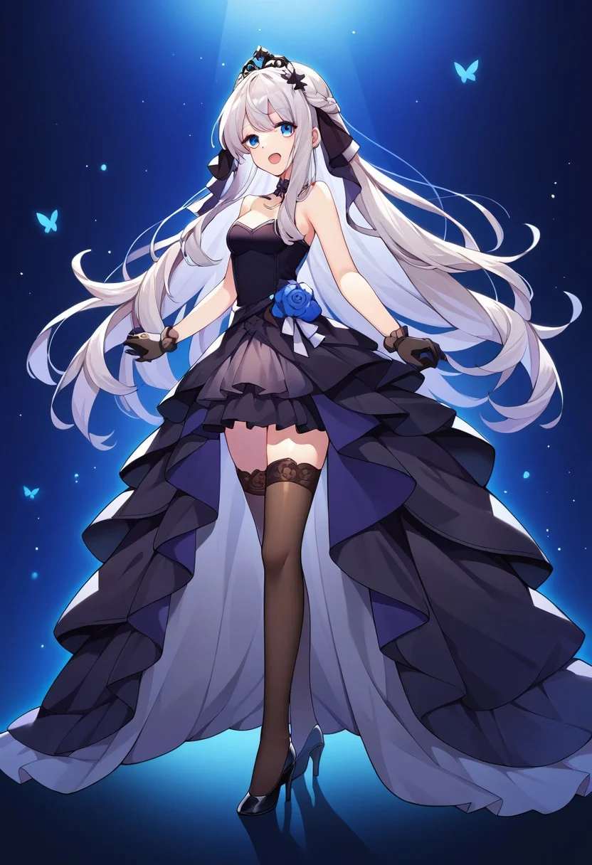score_9, score_8, score_7, source_anime, wedding dress, thighhighs, very long hair, standing, grey hair, open mouth, blue eyes, high heels, black gloves, holding hand, black footwear, 1girl solo