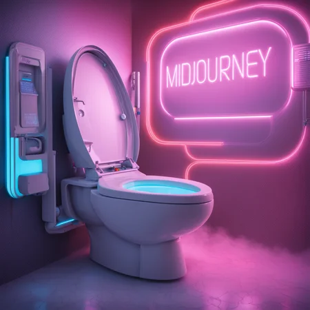 Futuristic Robotic (((Toilet))) under a spotlight, elevated on stage, ((the manufacturor's name emblazoned on the side with text "Midjourney" on the toilet lid in a modern font)), (((excessive detail))), indicators, lights, (((vaporwave))), (((mini LED lights))), foggy haze in the air with strobes and lasers illuminating it, neon lights, HDR, Photo-reallistic, photography, bokeh, best quality