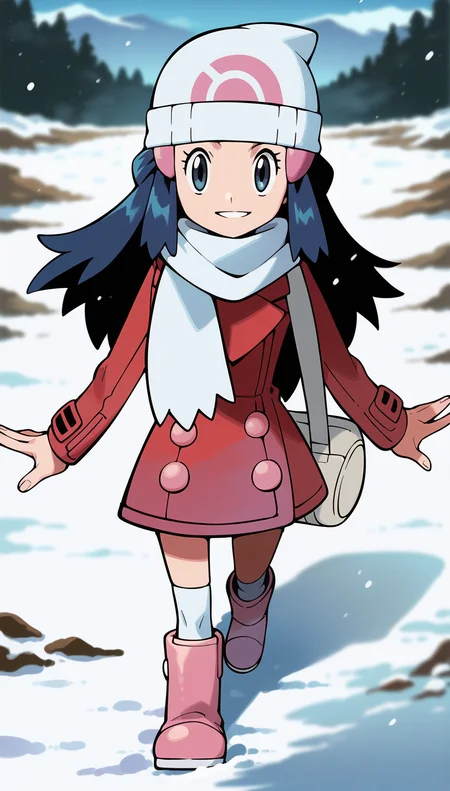 score_9,score_8_up,score_7_up,
highres,highly detailed,
<lora:hikaridawn:0.8>,
hikaridawn,
1girl,solo,
navy blue hair,long hair,
looking at viewer,smile,parted lips,steam,
white beanie,pink hair clips,red overcoat,white scarf,white shoulder bag,
white kneehighs,light pink boots,
full body,walking,from above,looking up,holding own scarf,face focus,
blurry background,vignetting,outdoors,snowfield,snow,winter,footprints,light particles,snowing,