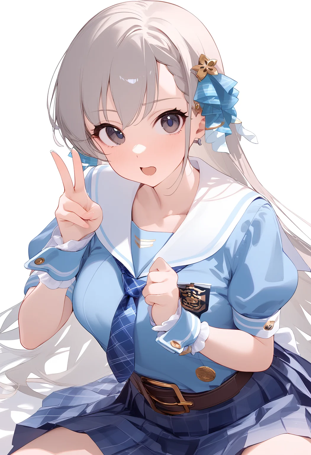 hisakawa hayate,puffy short sleeves,white sailor collar,1girl,blush,solo,wrist cuffs,blue dress,looking at viewer,hair ribbon,sailor dress,blue necktie,pleated dress,pleated skirt,white background,collarbone,plaid necktie,simple background,open mouth,d,blue shirt,blue skirt,closed mouth,belt,hair ornament,school uniform,white socks,<lora:a31_char_new_hisakawa_hayate-000026:1>masterpiece, best quality, absurdres<lora:a31_style_koni-000010:0.8>
