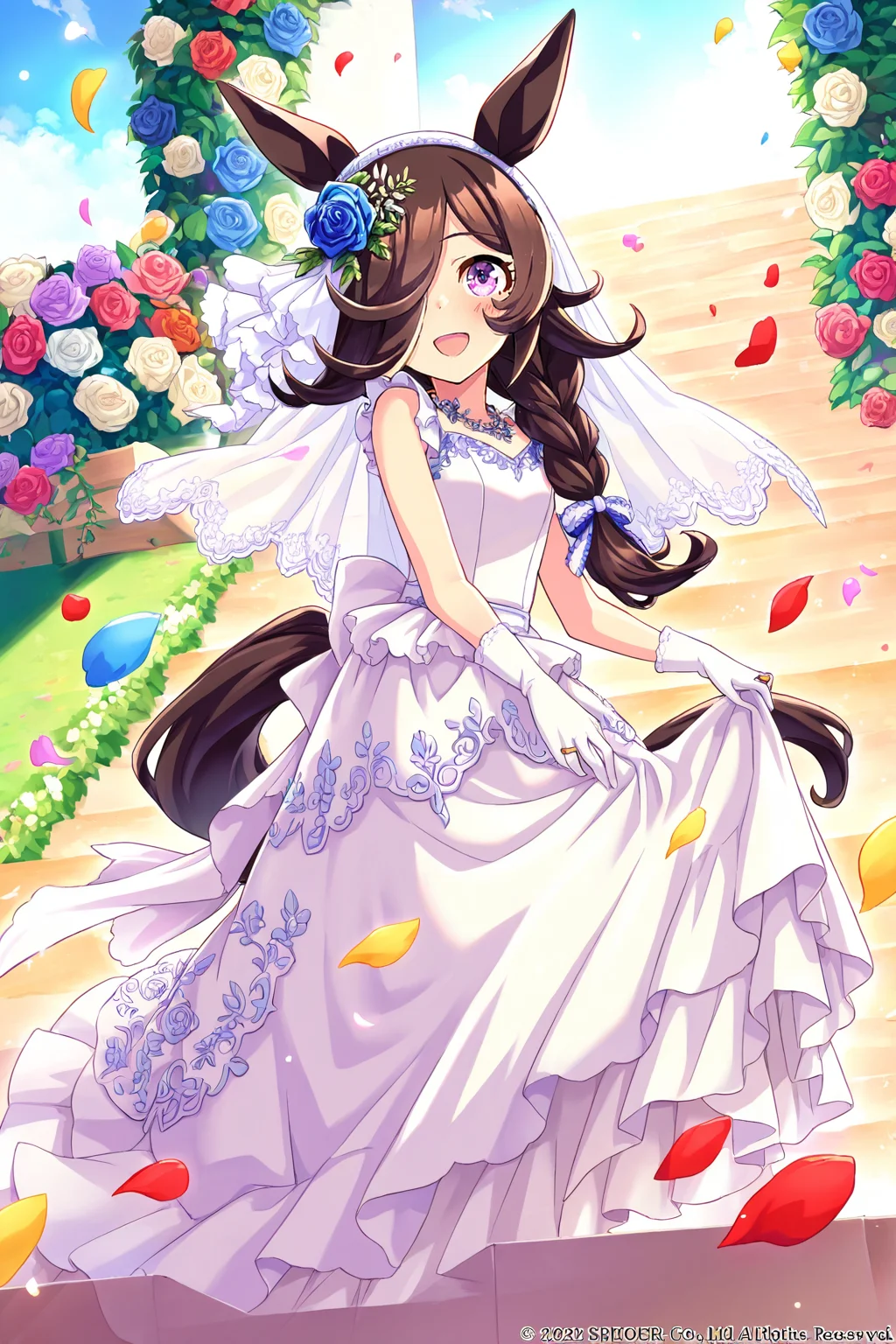 masterpiece,best quality,very aesthetic,absurdres,highres,newest,official art,official style,
1girl,solo,
rcs lfs, rice shower (longed-for scenery) (umamusume), rice shower (umamusume),
alternate costume, alternate hairstyle, animal ears, blue flower, blue rose,
blush, braid, braided ponytail, bridal veil, bride, brown hair, collarbone,
dress, flower, gloves, hair flower, hair ornament, hair over one eye, horse ears, horse girl, horse tail,
jewelry, long braid, long hair, low ponytail, necklace, official alternate costume, official alternate hairstyle,
petals, purple eyes, rose, sleeveless, sleeveless dress, tail, upper body, veil, violet eyes,
wedding, wedding dress, wedding ring, white dress, white flower, white gloves, white headwear,
standing,full body,
<lora:umamusume_rice_shower2_ill_v1.0:1>,