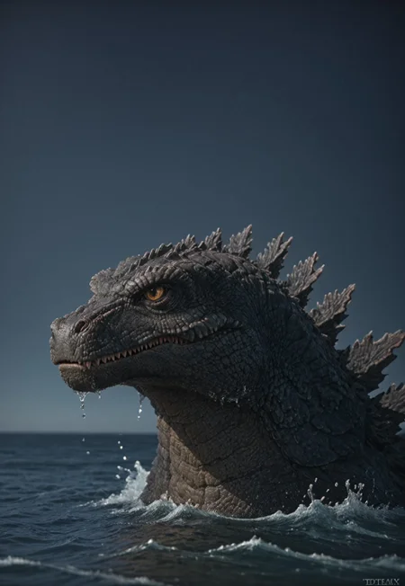 score_9, score_8_up, score_7_up, solo, portrait, giant dinosaur reptilian monster Godzilla, realistic scales, detailed scale texture, solo, outdoors, head surfacing from the ocean, partially submerged, wading through the water, solo, extremely detailed, Macro detailed realism style photograph, 3DMM
