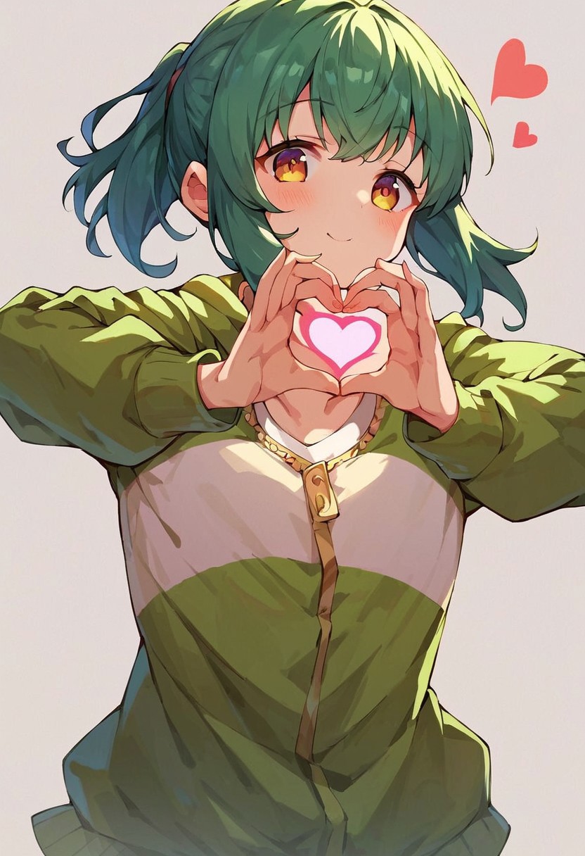 score_9, score_8_up, score_7_up, score_6_up, score_5_up, source_anime,NEGATIVE_HANDS,
mayano, aaa,cowboy shoty,heart hands,green jacket