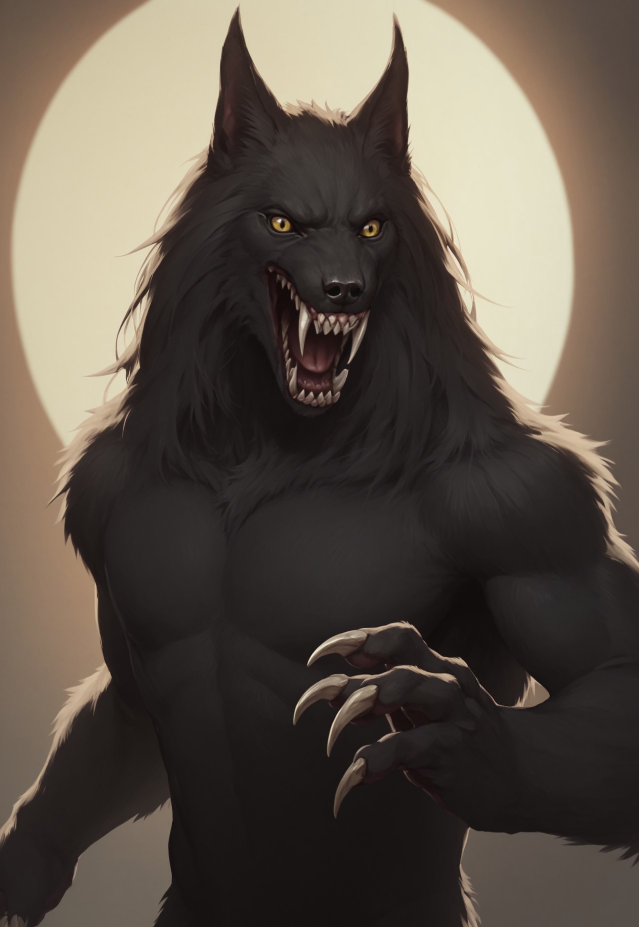 score 9, score 8, score 7, score 6, 1boy, furry male, solo, black fur, animal ears, yellow eyes, sharp teeth, claws,