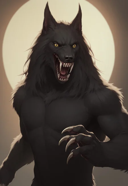 score 9, score 8, score 7, score 6, 1boy, furry male, solo, black fur, animal ears, yellow eyes, sharp teeth, claws,