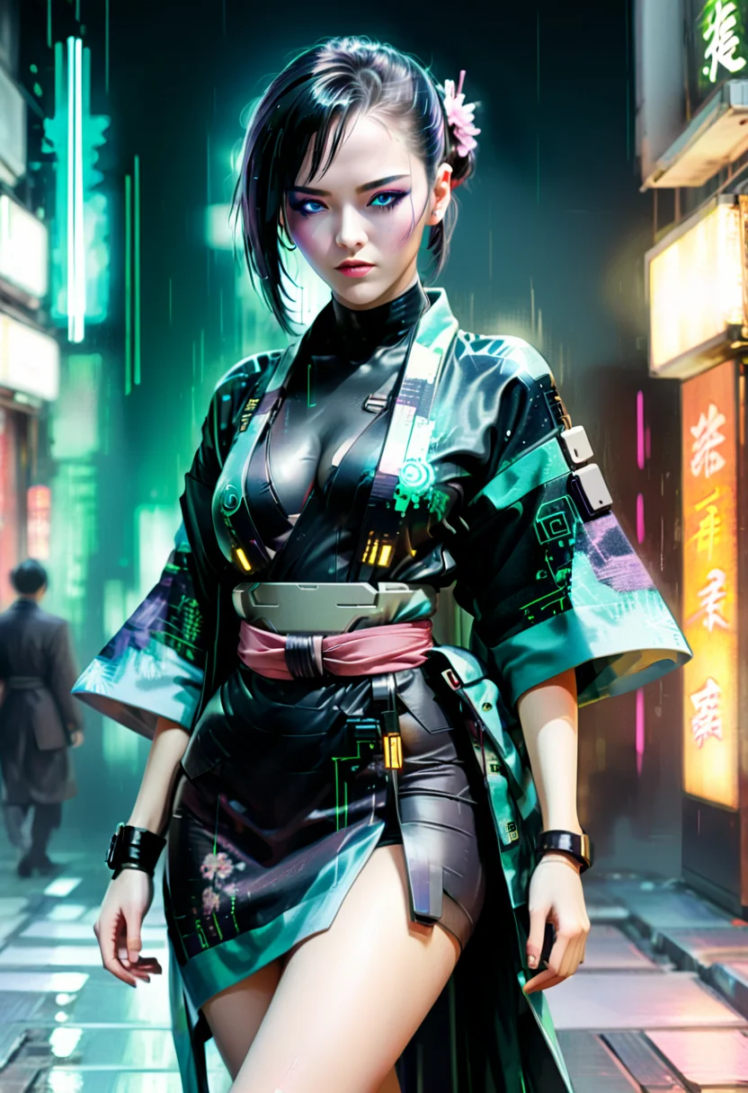 cyberpunk woman wearing a kimono, , dynamic pose, cyberpunk, impressionism, perfect eyes, high details cyber<lora:CyberMatriKs:0.8> <lora:SDXLHighDetail_v5:0.8> <lora:xl_more_art-full_v1:0.8>