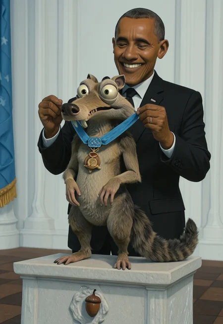 Scrat, long snout, bushy tail, bulging eyes, striped tail, in front, receiving medal of honor from half-white president, (acorn shaped medal:1.5), (acorn on medal:1.3), 1boy, dark-skinned male, from half-white president, 1boy, dark-skinned, presidential podium background, presidential