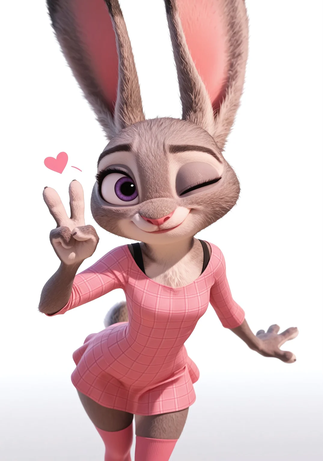 masterpiece, score_9, score_8_up, score_7_up, high resolution, sharp focus, beautiful, perfect lighting, (white background), solo, 1girl, judy hopps \(zootopia\), anthro, furry, sexy, petite, small breast, focus on furry, cute girl, beautiful, peace sign, smile, wink, pink blouse, plain pink dress, pink thigh-high socks, 3 fingers 1 thumb