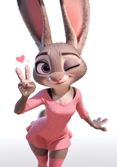 masterpiece, score_9, score_8_up, score_7_up, high resolution, sharp focus, beautiful, perfect lighting, (white background), solo, 1girl, judy hopps \(zootopia\), anthro, furry, sexy, petite, small breast, focus on furry, cute girl, beautiful, peace sign, smile, wink, pink blouse, plain pink dress, pink thigh-high socks, 3 fingers 1 thumb