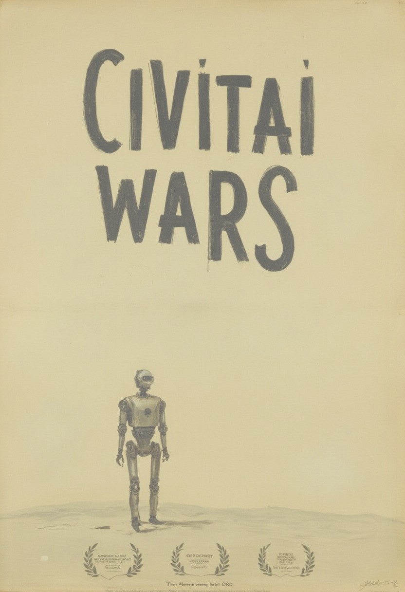 written angularly title "CIVITAI WARS",
realistic japanese painting by konoshimaO, oil painting by Kramskoy,
artistic movie poster, three small laurel icons placed on bottom place, features a lonely robot, authenticity, dynamic compositon