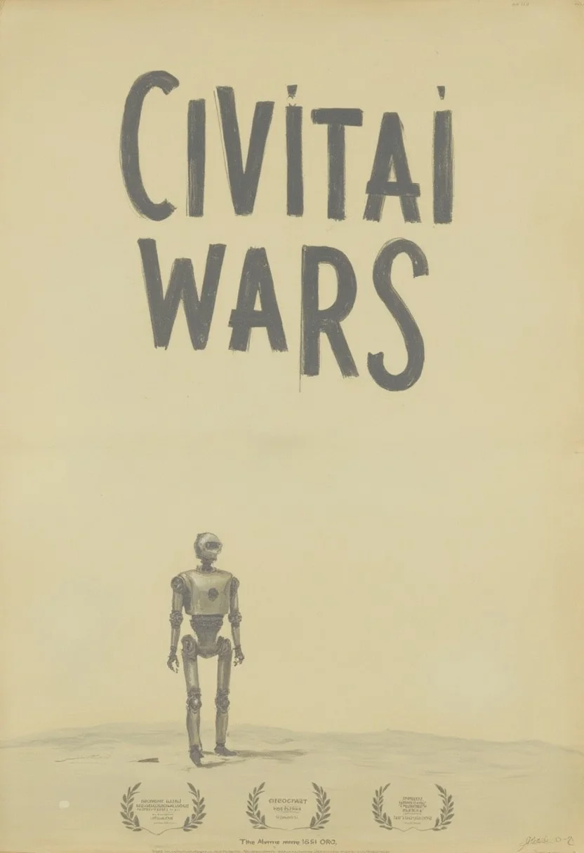 written angularly title "CIVITAI WARS",
realistic japanese painting by konoshimaO, oil painting by Kramskoy,
artistic movie poster, three small laurel icons placed on bottom place, features a lonely robot, authenticity, dynamic compositon