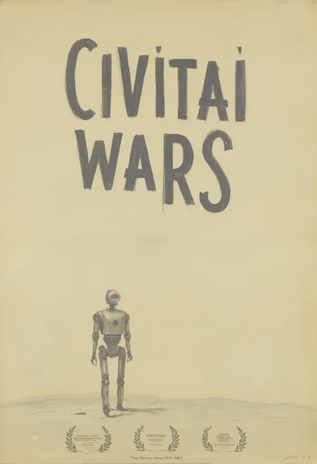 written angularly title "CIVITAI WARS",
realistic japanese painting by konoshimaO, oil painting by Kramskoy,
artistic movie poster, three small laurel icons placed on bottom place, features a lonely robot, authenticity, dynamic compositon