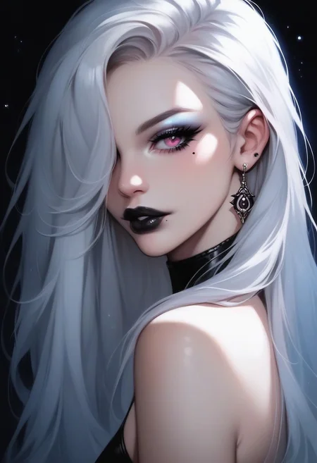 score_9,score_8_up,score_7_up,score_6_up,score_5_up,score_4_up, digital art, female portrait, close up, glowing, neon, high-resolution, gotoh_hitori, Goth girl 1girl, 8k, masterpiece, best quality, highly detailed, realistic, amazing quality, very aesthetic, absurdres, newest, gradient colors, bright, background, masterpiece, best quality, amazing quality, very aesthetic, volumetric lighting, ambient occlusion, longhair, side profile, flame red colour hair, long hair, hair over one eye, fingernails, eyelashes, full lips, mole under eye, Pale white skin, makeup, half-open eyes, portrait, lipstick, close up, nose, stud earrings, black lips, mascara, realistic, Cinematic Lighting, bare shoulder, solemn look, oled black background, strong shadows