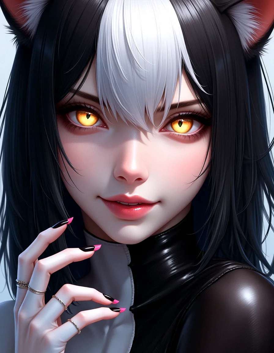 A cat girl rendered in stunning photorealism, with golden eyes and slit pupils that stand out against her two-tone black and white hair. Her face is almost anime-like, exuding an unrealistic beauty with soft pink lips and sharp fangs. The upper body shot captures her in a form-fitting cat suit, with long fingernails enhancing her elegant, dangerous allure.