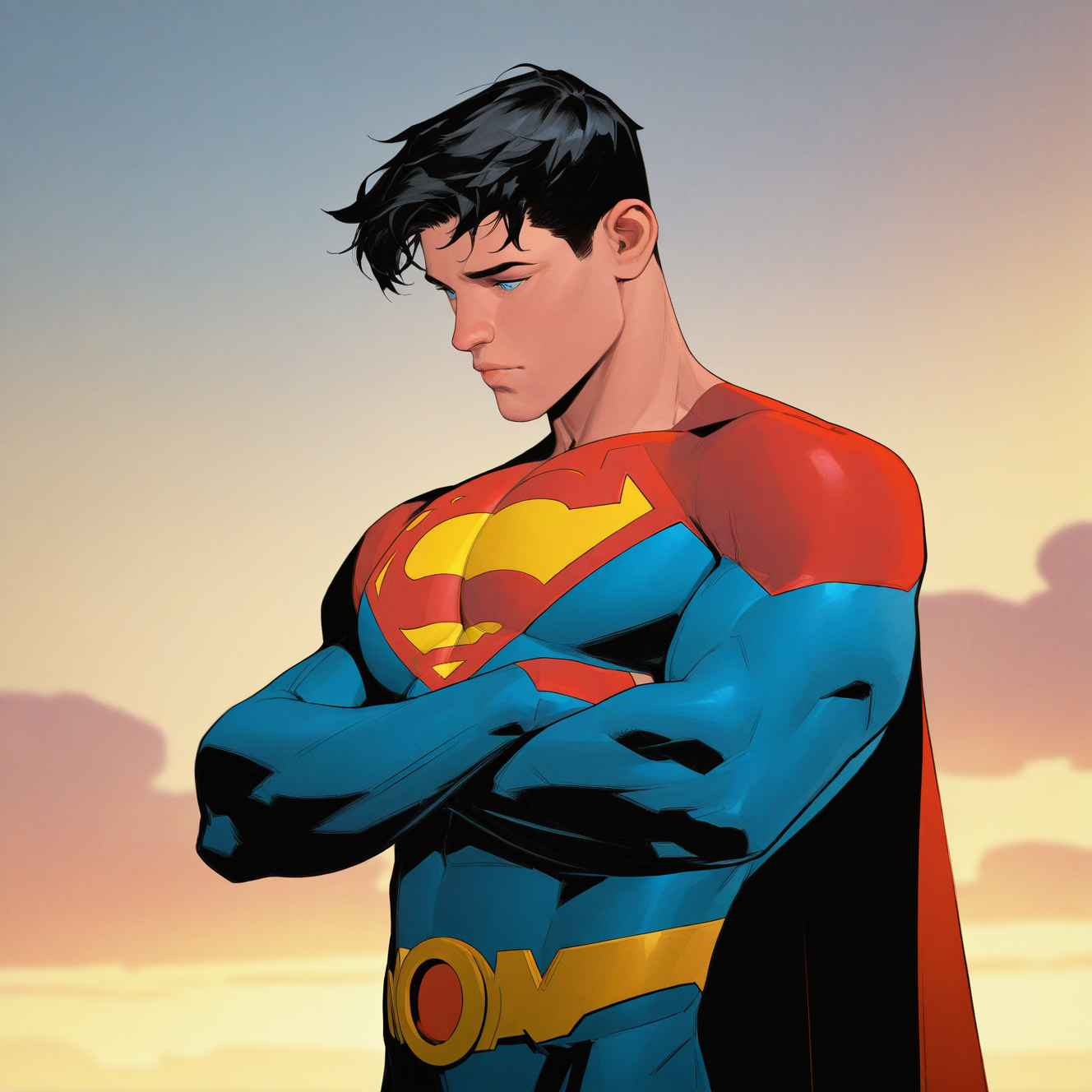 <lora:JON_KENT:1>jon_kent, solo, short hair, blue eyes, black hair, 1boy, closed mouth, upper body, male focus, outdoors, sky, lips, muscular, bodysuit, looking down, muscular male, pectorals, crossed arms, sunset, looking ahead, superhero, blue bodysuit, yellow sky, western comics (style), cloud
,dynamic perspective, detailed background, motion blur, film grain, abstract, natural lighting, fantasy, cinematic, dynamic view, tilted angle, very awa, masterpiece, best quality, absurdres, newest, perfect quality, detailed background, intricate details, (artist:fl \(l-fl\):0.7), (artist:tooboshoo:0.7), (artist:dizdoodz:0.8)