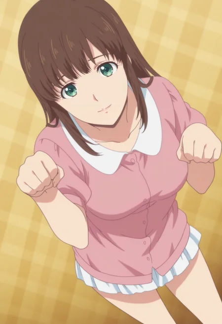 anime screencap, anime coloring, 1girl,  solo,   <lora:DX888Tachibana:1>  tachibana hina,green eyes, brown hair, long hair, hair down, BREAKorange background, argyle background, BREAK dutch angle,  from above, dynamic pose, posing,  , light smile,      paw pose,  contrapposto,